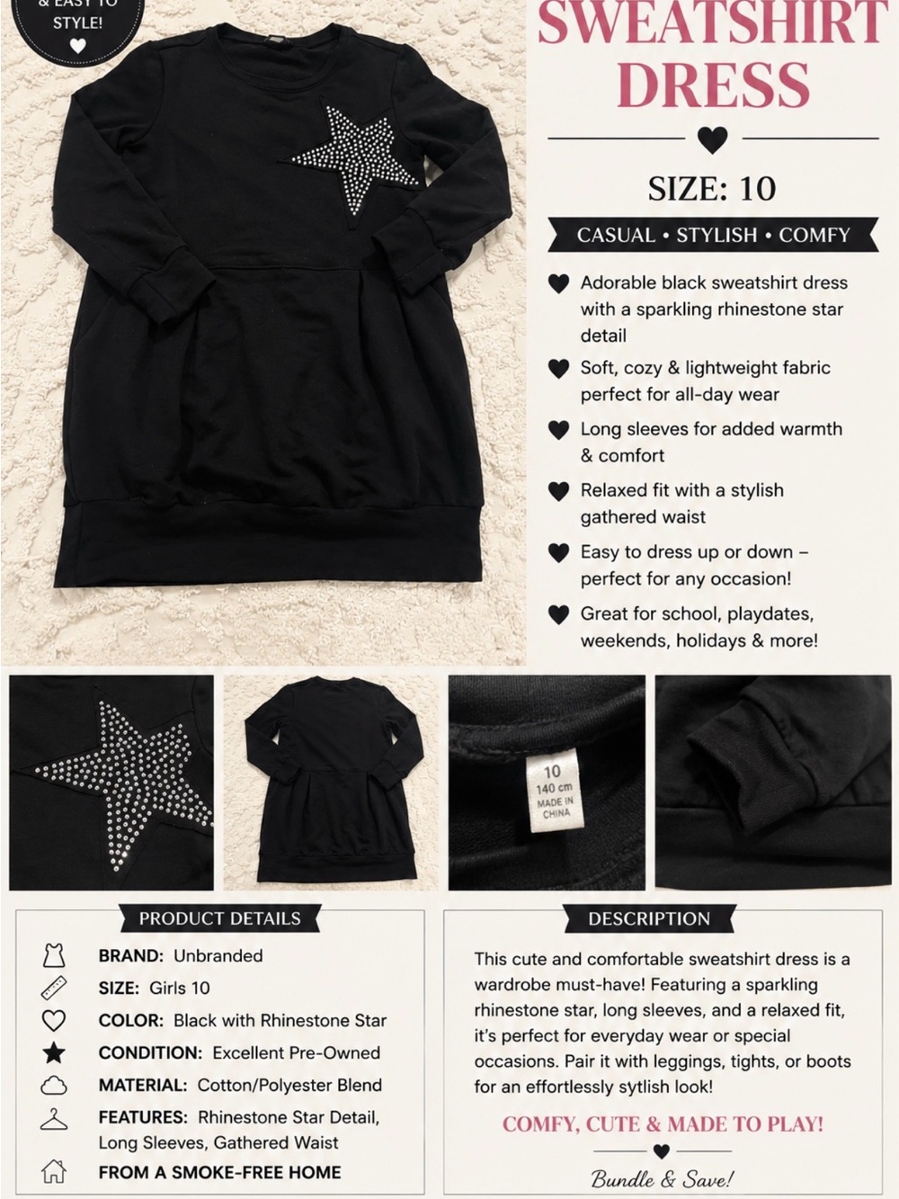 Molo Black Sweatshirt Dress with Rhinestone Star